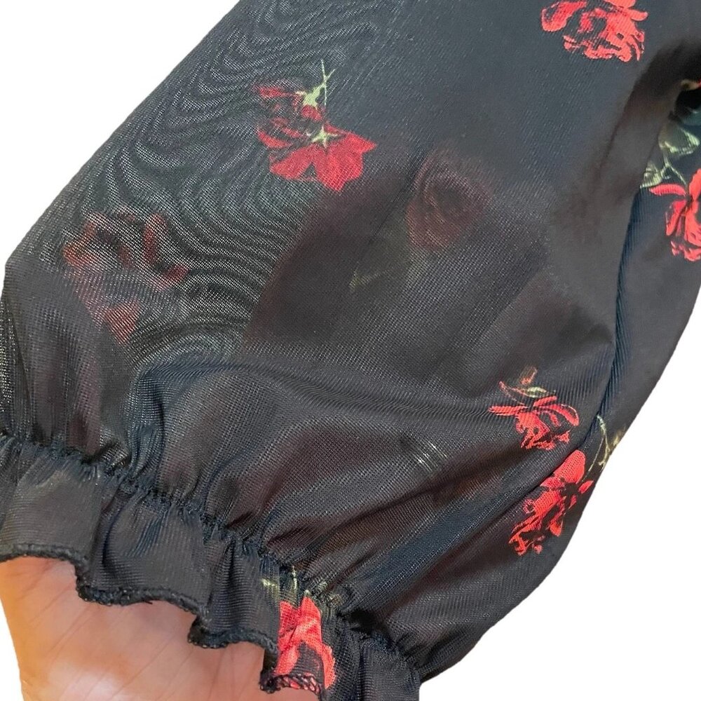 EMBER Black Rose/Floral Balloon Sheer 3/4 Length Sleeve Shirt Sz M - Picture 7 of 8